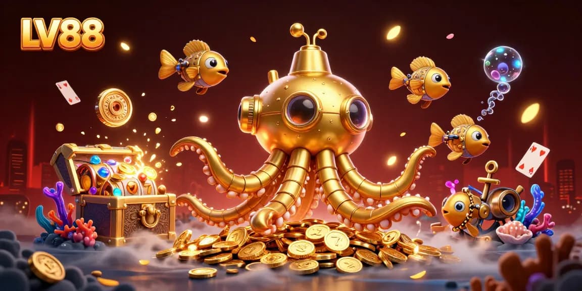 Experience LV88's thrilling gameplay with a golden kraken submarine amidst treasure bursts.