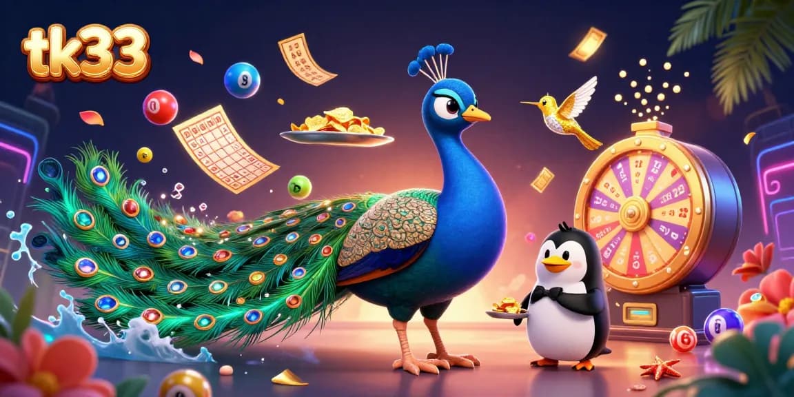 Engage in exciting gameplay with tk33 featuring a vibrant casino illustration of a peacock, penguin, and hummingbird.