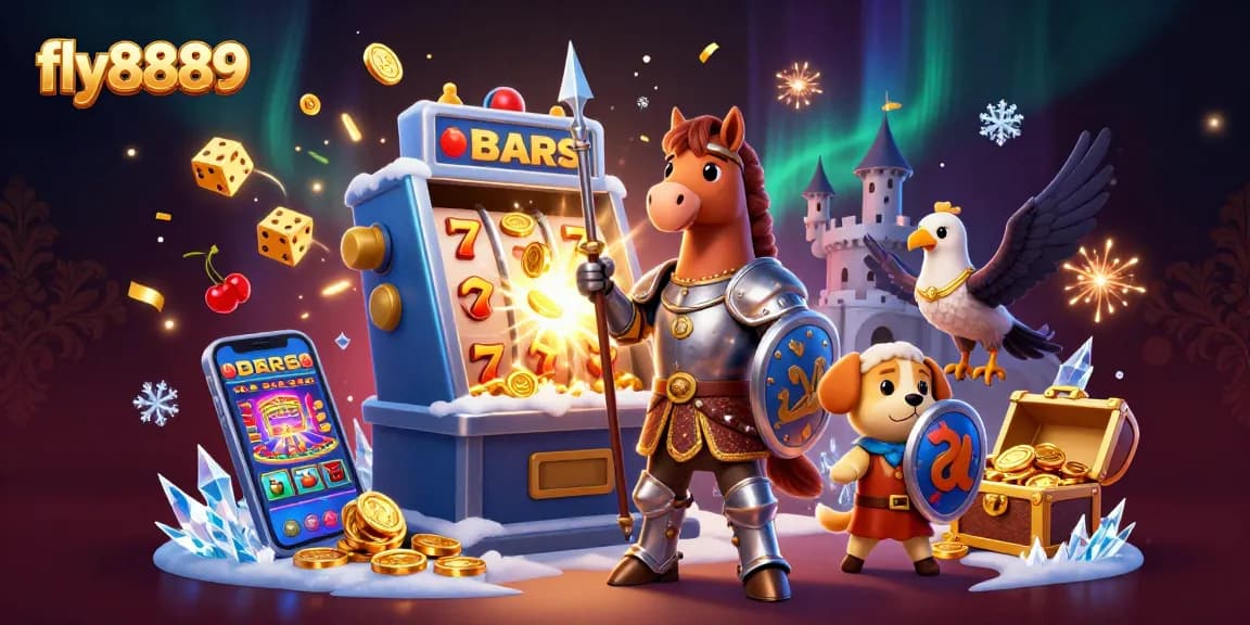 Experience the excitement of fly8889 with a stunning casino-themed illustration of a slot machine and adventurous characters.