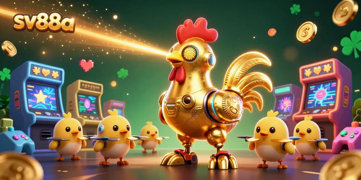 Engage with sv88a's vibrant gaming experience featuring a futuristic rooster robot and baby chick drones.