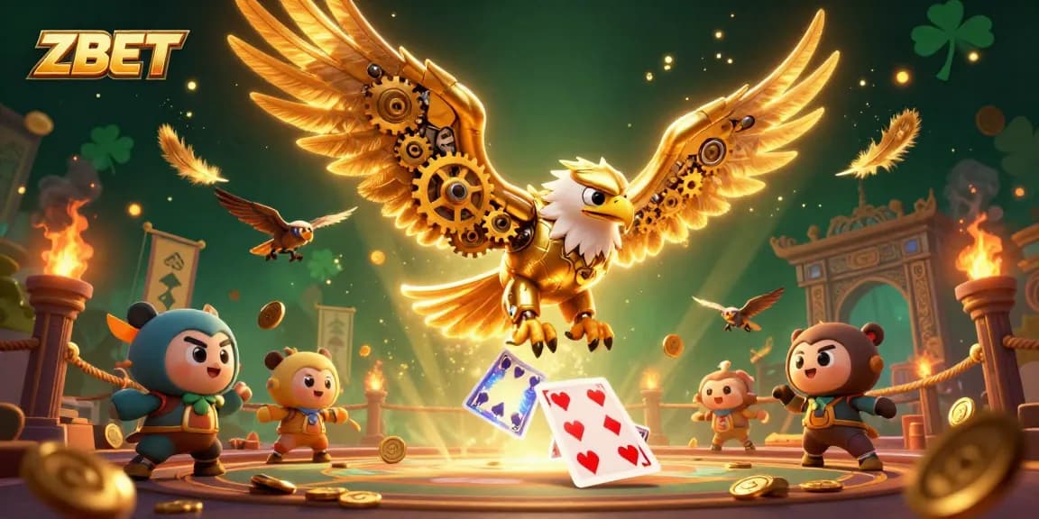 ZBET offers a thrilling gaming experience with a cybernetic golden eagle diving through holographic cards.