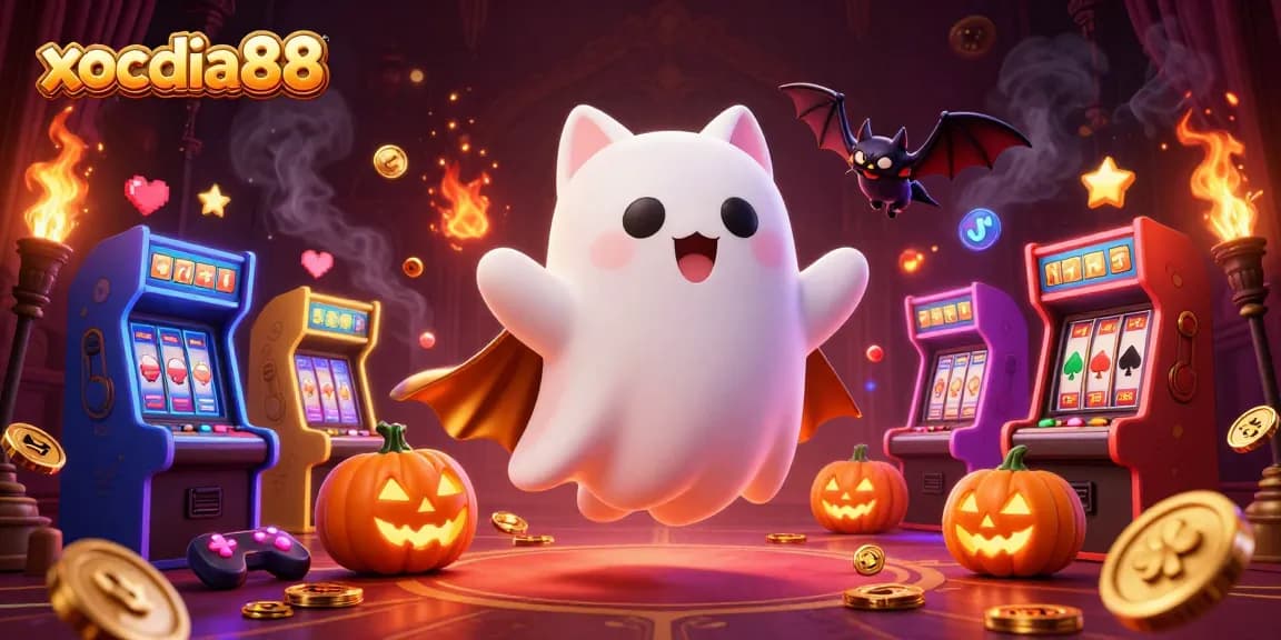 Xocdia88 welcomes players to a haunted casino adventure with a ghost cat and engaging gaming elements.