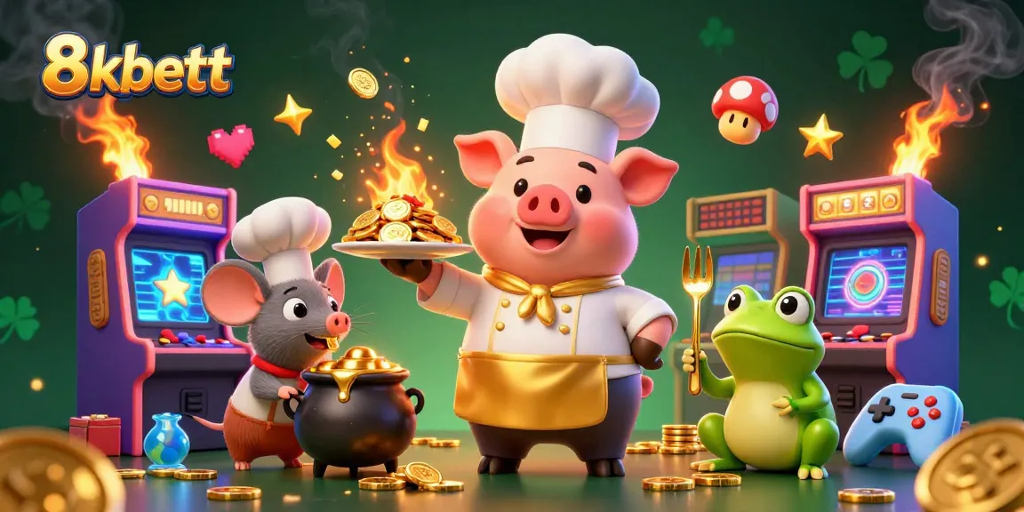 Experience thrilling gaming at 8xbett with gold coins served by a cartoon chef pig in a vibrant casino scene.