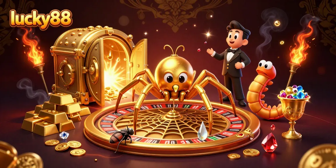 Engage with lucky88 as cartoon characters place bets on a roulette wheel web lit with treasures.