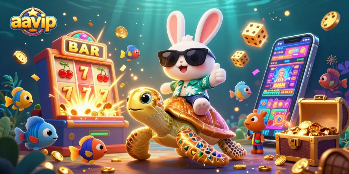 AAVIP lively illustration featuring a lucky rabbit and golden sea turtle amidst casino elements.