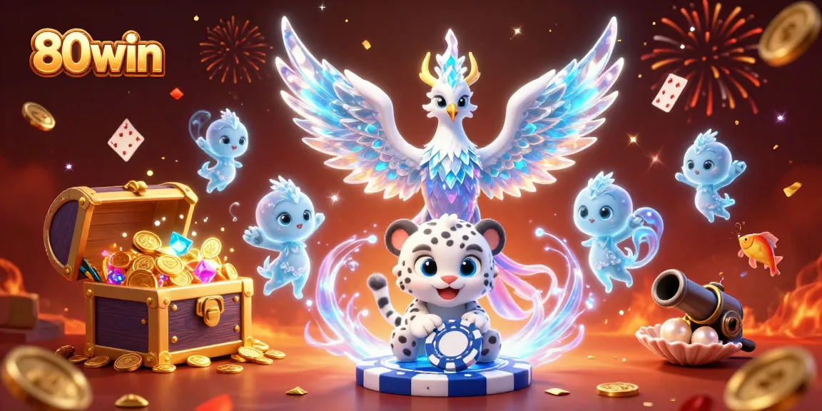 Experience the thrill of winning with 80win's vibrant casino-themed 3D illustration featuring sparkling games and characters.
