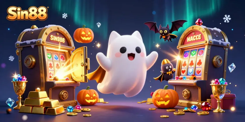 Experience Sin88 in a vibrant casino scene with a ghost cat, bat, and glowing jack-o-lanterns.