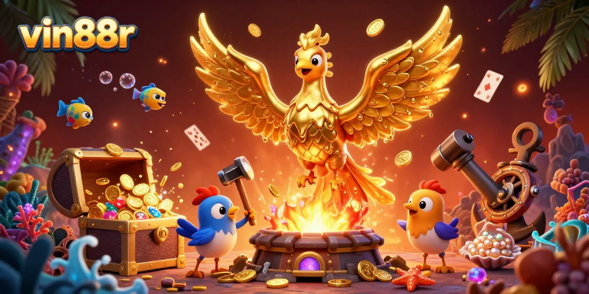 vin88r captivates players with a molten gold phoenix and treasure in a vibrant casino-themed scene.