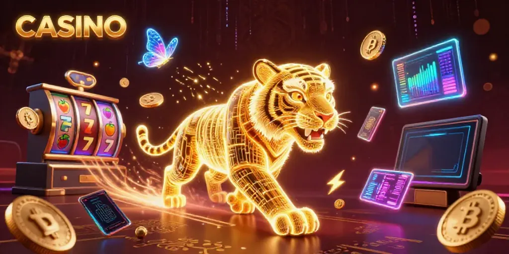 Experience the excitement of a CASINO with dynamic elements, golden tiger, and glowing coins in a vibrant digital landscape.