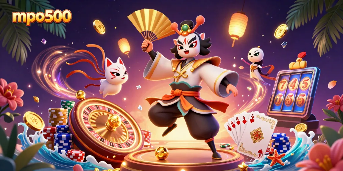 MPO500 showcases a dynamic casino scene with kabuki characters and sparkling gameplay elements.