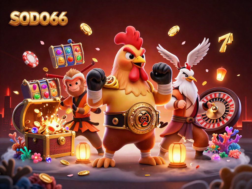 SODO66 brings excitement with vibrant casino characters and game elements in a dynamic 3D scene.