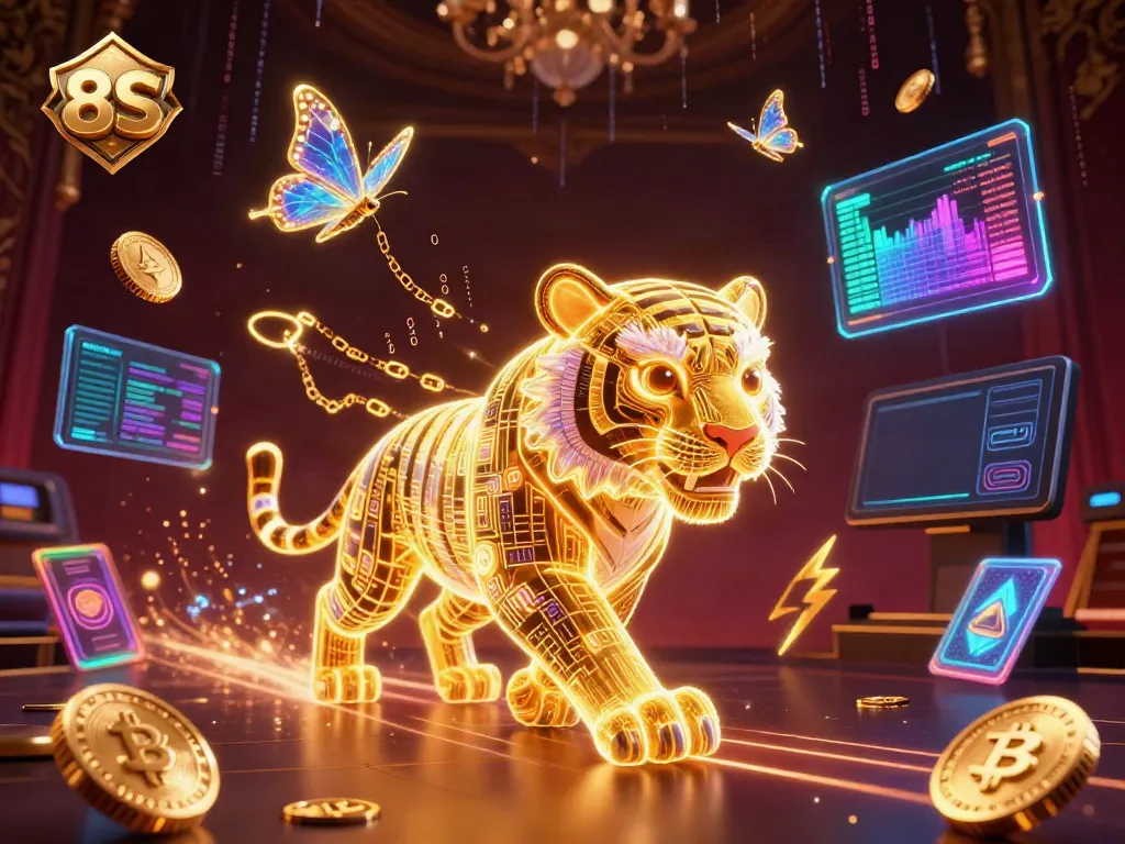 Experience thrilling gameplay at 8S with a dazzling 3D casino scene full of vibrant characters and crypto elements.