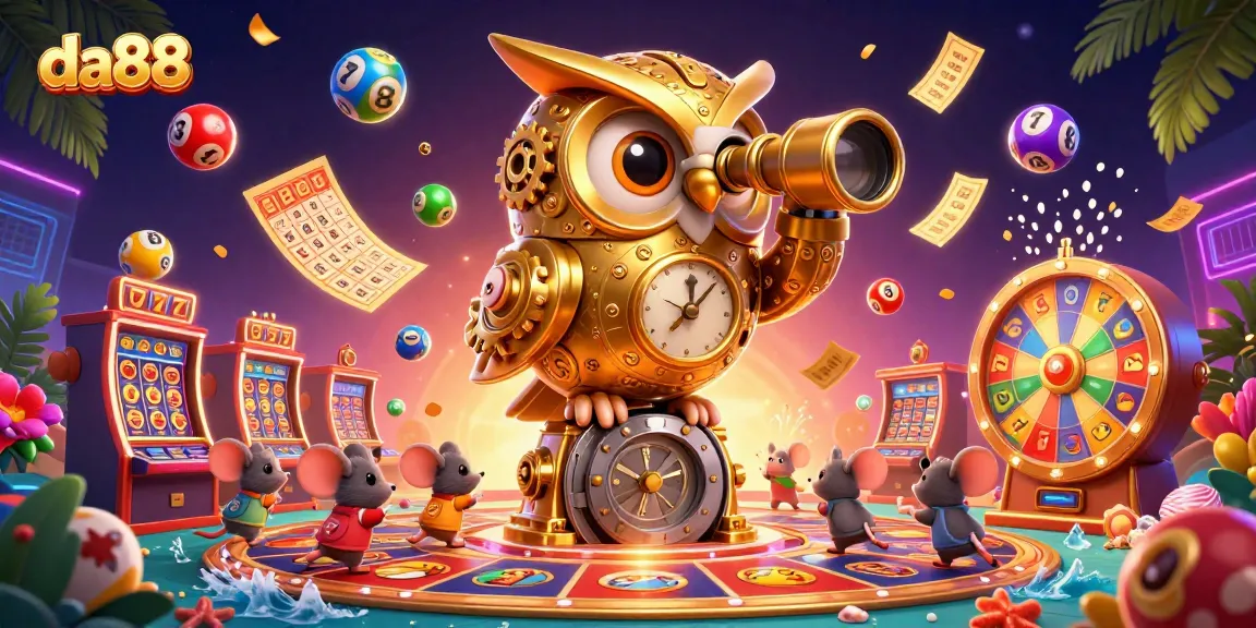 Experience the excitement of da88 with a dynamic casino scene featuring vibrant lottery elements and iconic characters.