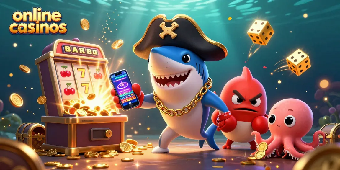 Engage with online casinos featuring a cartoon pirate shark, pufferfish, and octopus surrounded by vibrant casino elements.