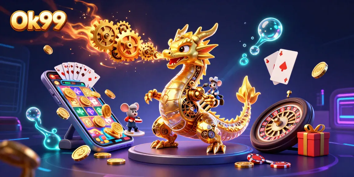Engage with thrilling Ok99 gameplay, showcasing a golden dragon and vibrant slot games.