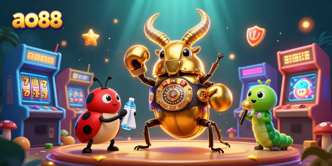 Join the excitement at ao88 with a vibrant 3D illustration of a golden stag beetle in a boxing match surrounded by dynamic casino elements.