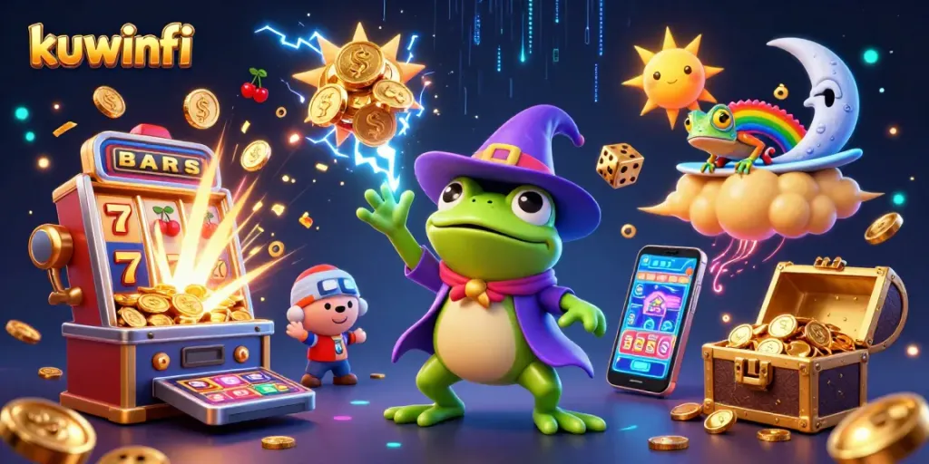 Kuwinfi offers gamblers an exciting journey with a wizard frog and chameleon amidst a casino-themed illustration of golden coins and jackpots.