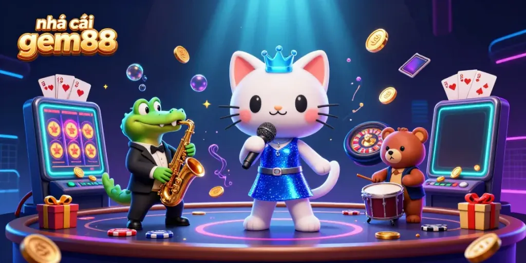 Engage with the vibrant world of nhà cái gem88, showcasing lively casino elements with a cartoon jazz-singer cat and dynamic characters.