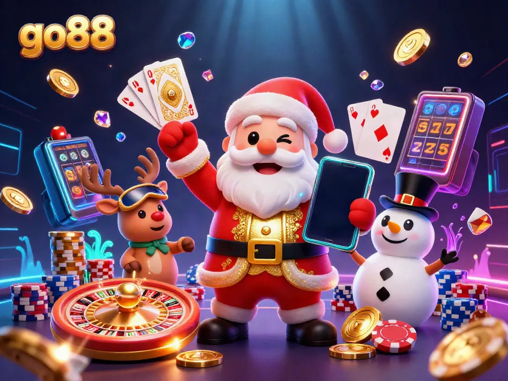 win at go88 with dynamic casino characters amidst gleaming slot and gaming elements