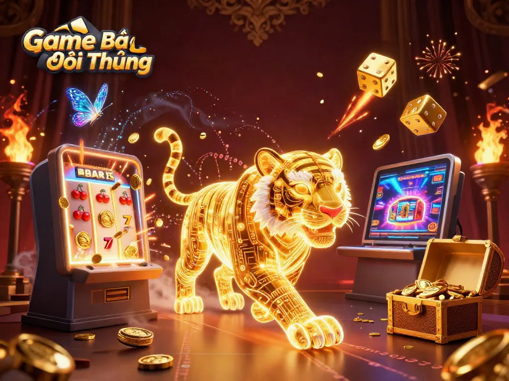 Experience thrilling Game Bài Đổi Thưởng action with golden tiger and jackpot symbols in vibrant casino.