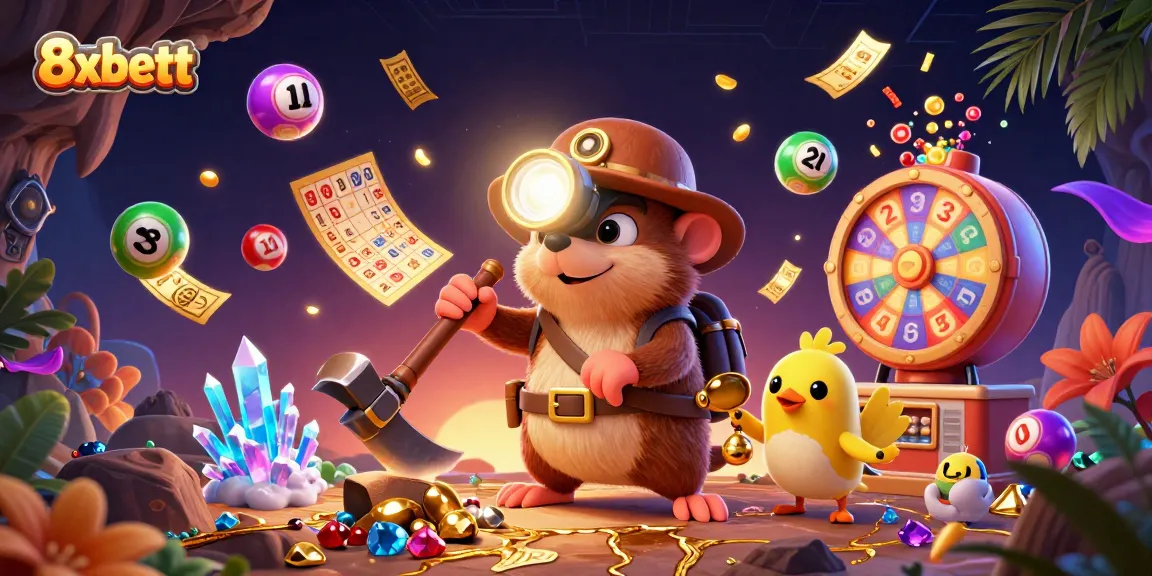 Experience thrilling wins with 8xbett in a vibrant digital lottery scene showcasing treasures and games.