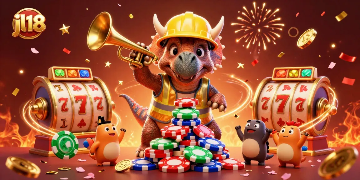 Experience thrilling gaming at jl18 with a triceratops celebrating amidst vibrant casino elements