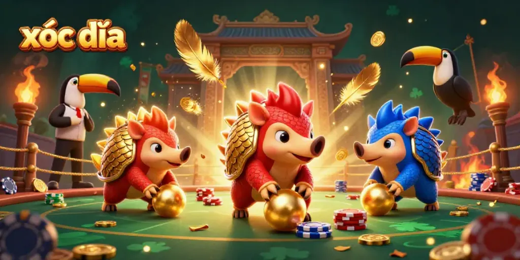Engage in exciting xóc đĩa action with animated pangolins in a vibrant casino scene, featuring dynamic betting elements.