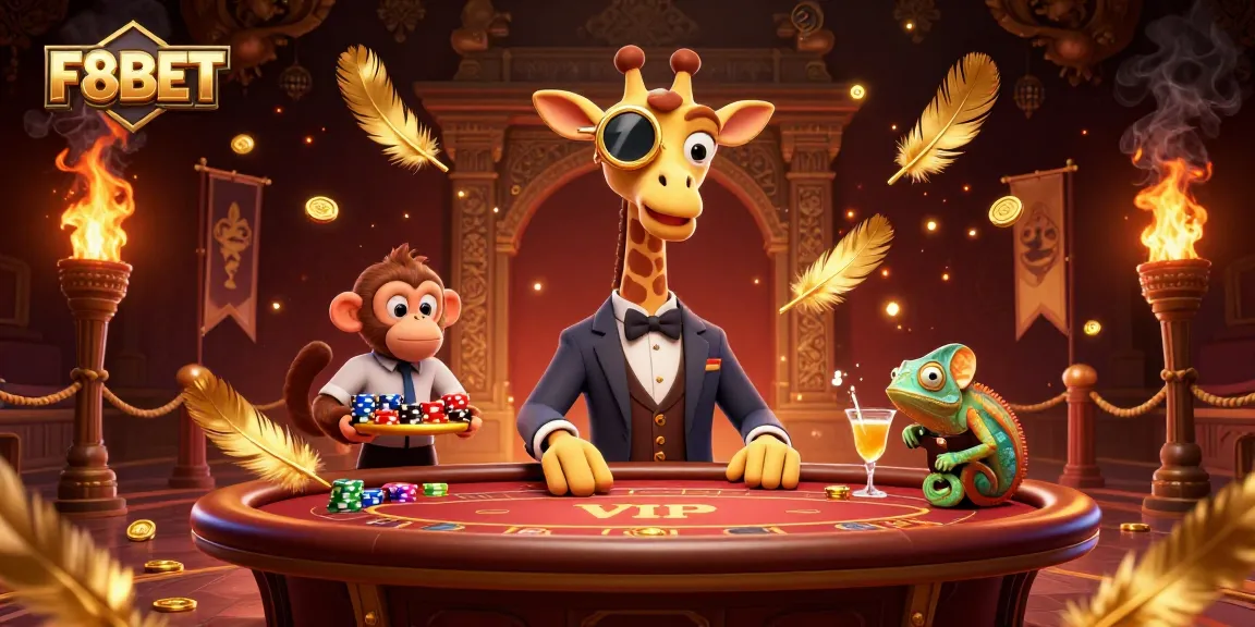 Experience exhilarating gameplay at F8BET with a vibrant 3D illustration featuring a high-roller giraffe and monkey valet.