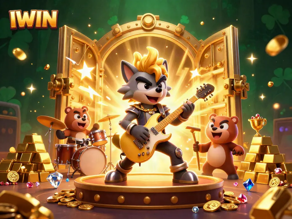 IWIN brings an electrifying casino atmosphere with a wolf rock star and drummer bear surrounded by gold.