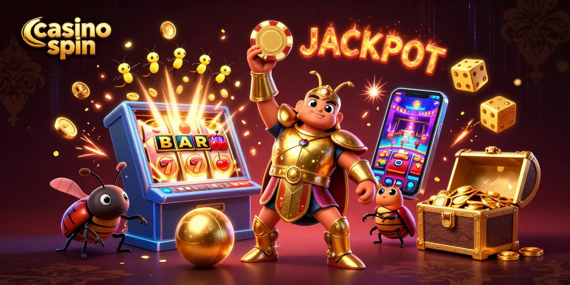 Engage in casino spin excitement with a hercules beetle celebrating a jackpot while surrounded by casino elements.