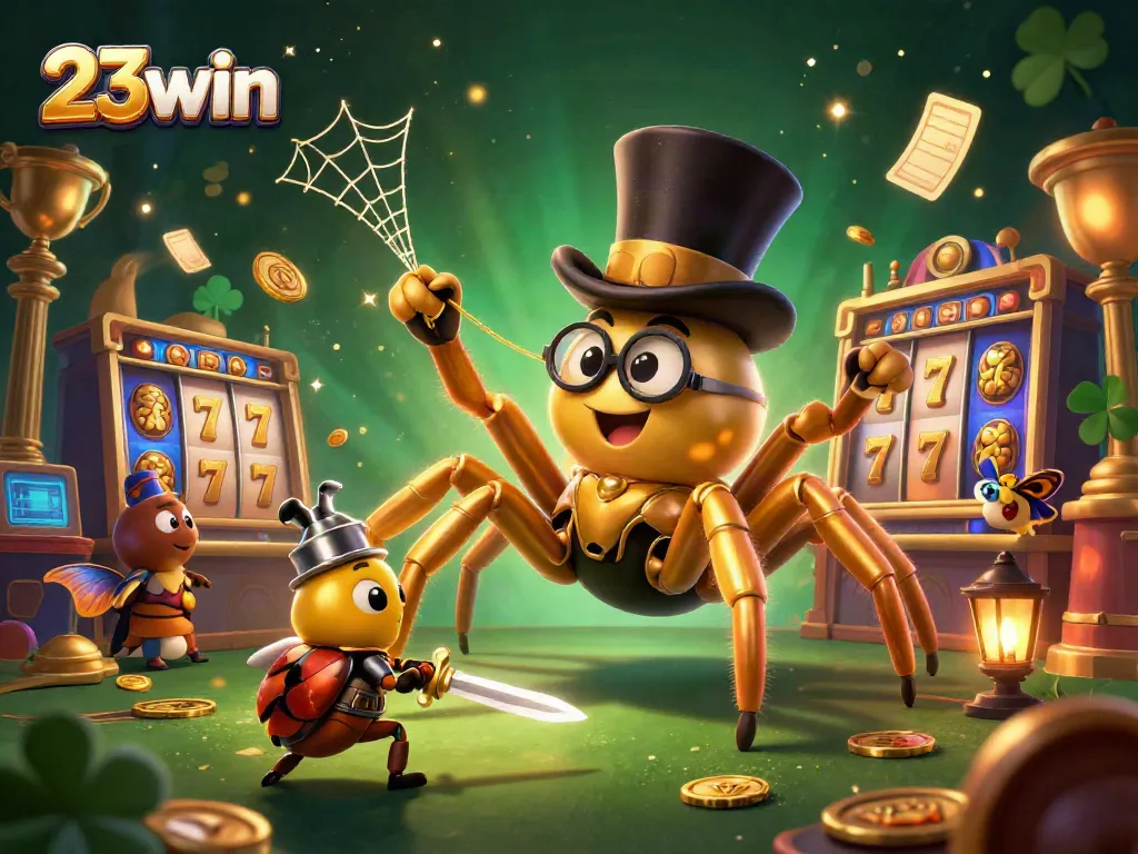 Experience the thrill of playing at 23win with vibrant visuals of a giant golden tarantula weaving its web.