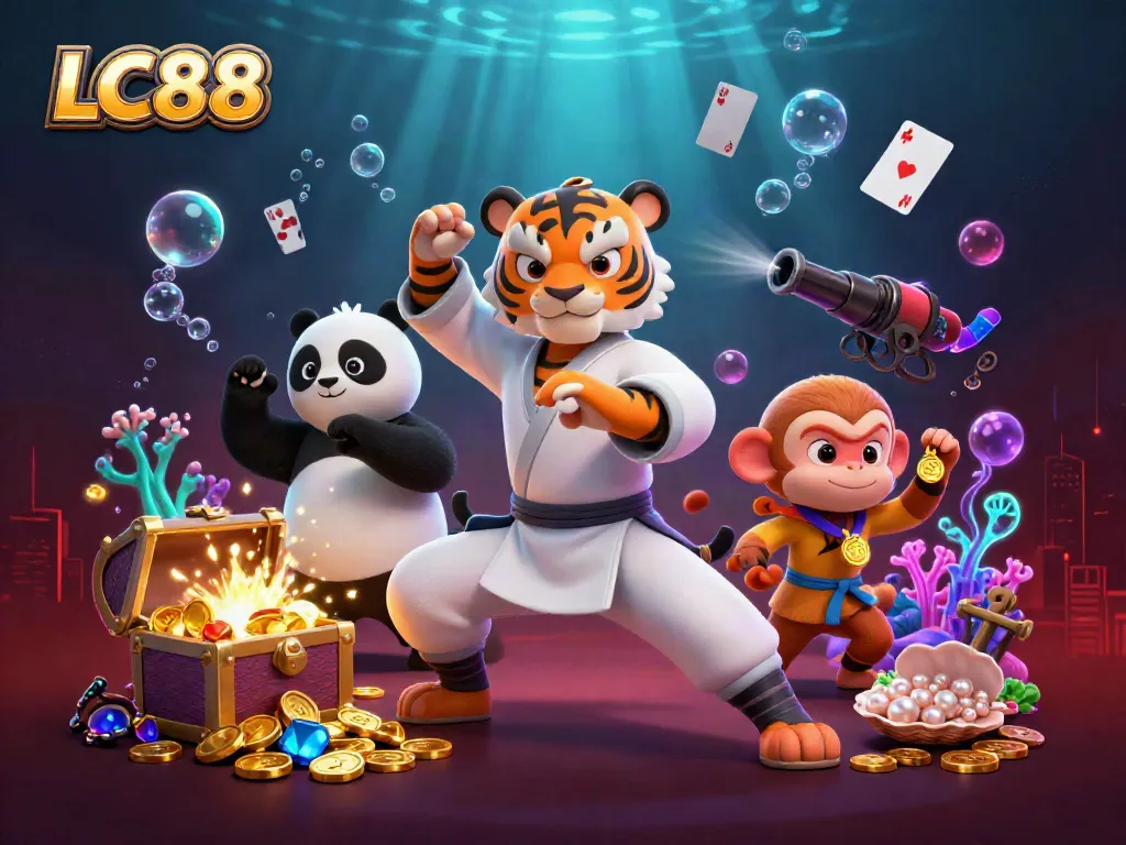 Engage with LC88's vibrant casino scene featuring a kung fu tiger master surrounded by gold coins and playful characters.