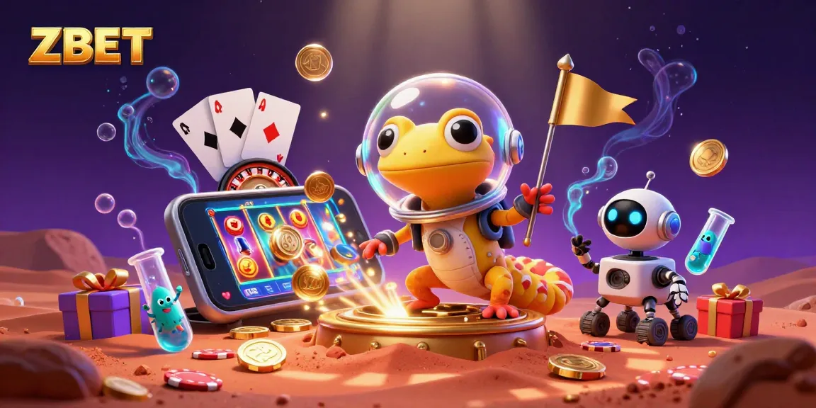 ZBET inspires excitement with a Martian gecko exploring a golden casino in a dynamic illustration.