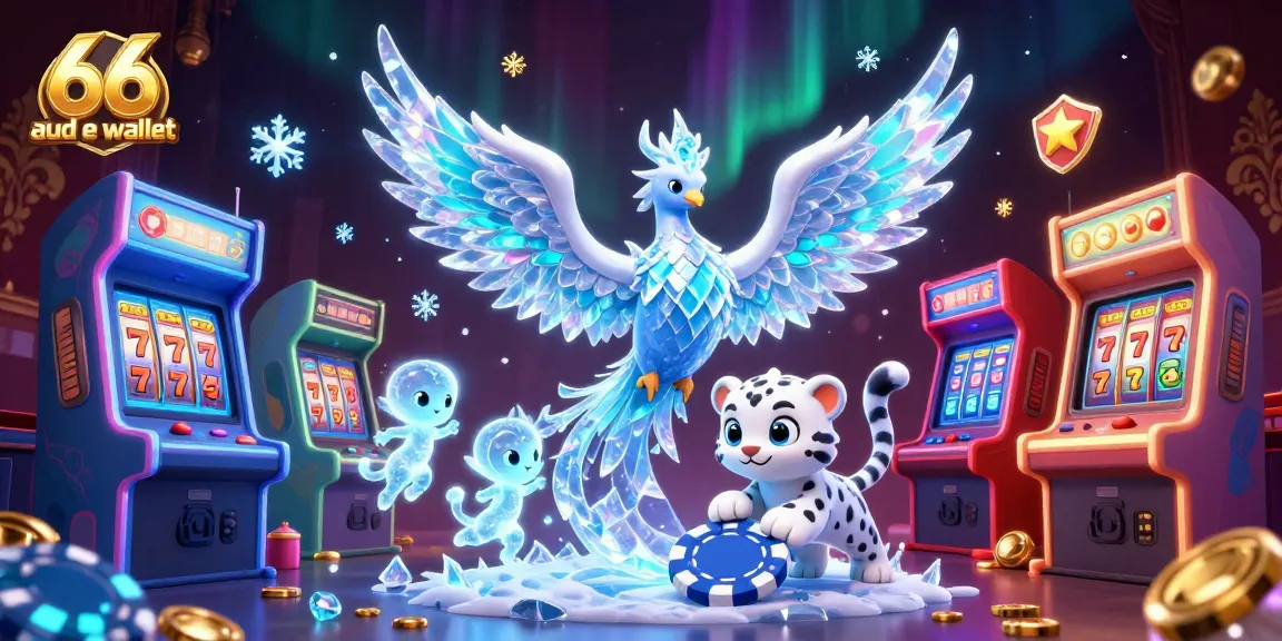 Engage with the vibrant 66 aud e wallet gaming scene featuring an ice phoenix, snow leopard, and casino elements.