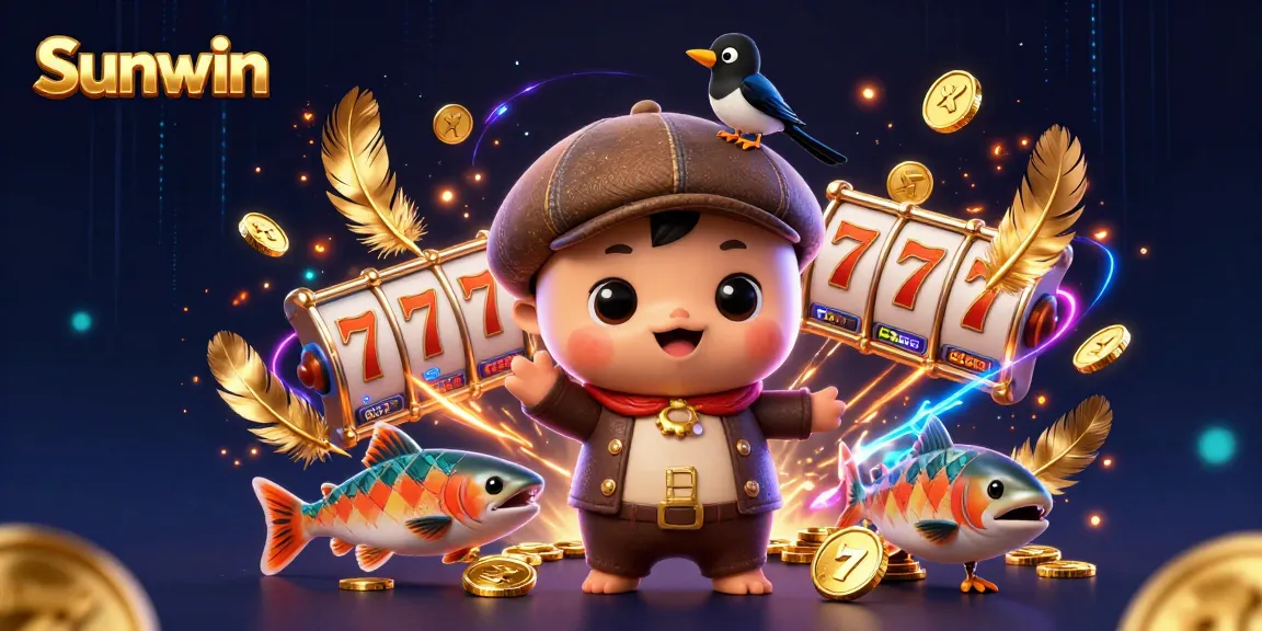 Engage with Sunwin's thrilling casino experience, featuring lively 3D cartoon characters amidst gold coins and vibrant slot elements.