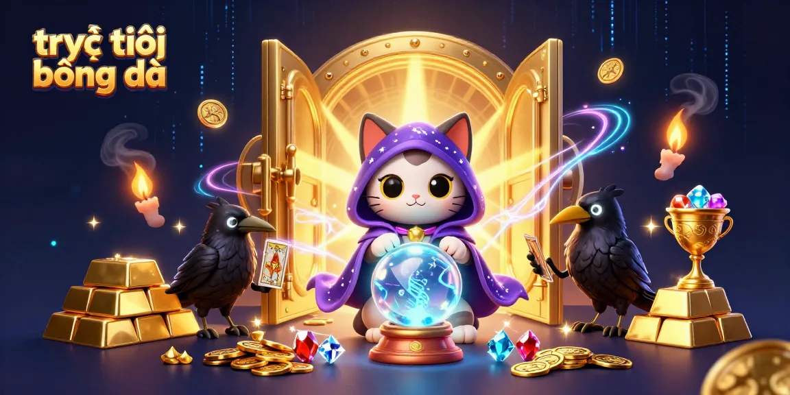 Engage with trực tiếp bóng đá through an energetic 3D illustration depicting a mysterious fortune teller, engaging elements, and dynamic lighting.