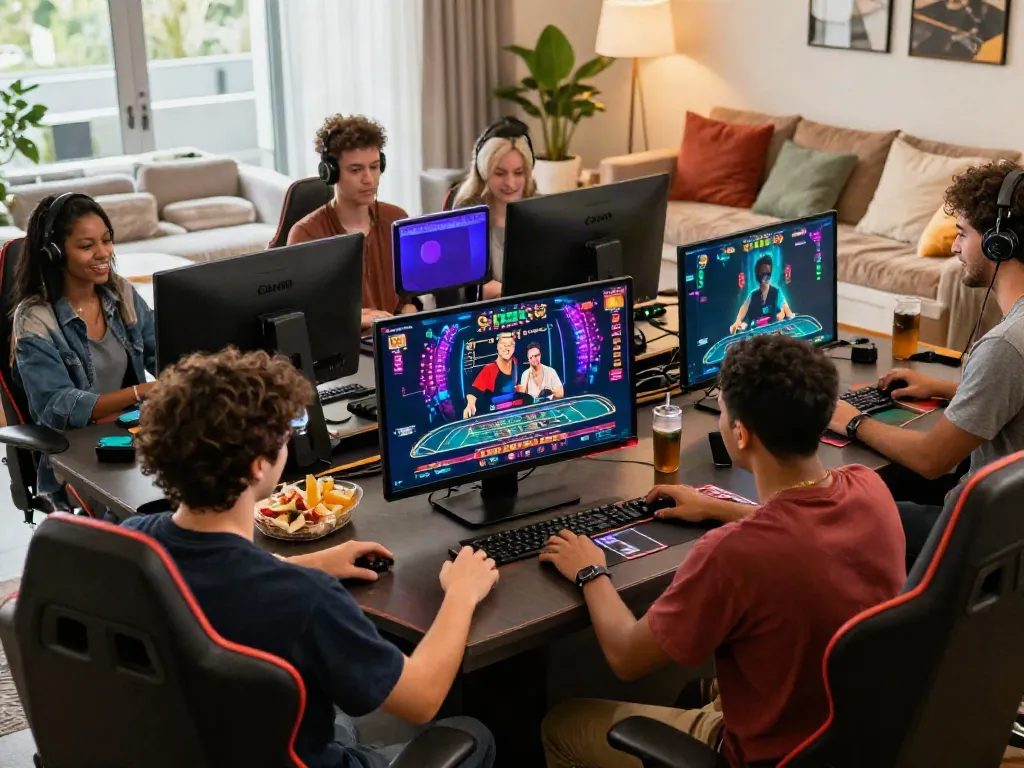 Friends enjoying a live casino experience at https://fb88mx.com/ with interactive screens and vibrant gaming atmosphere.