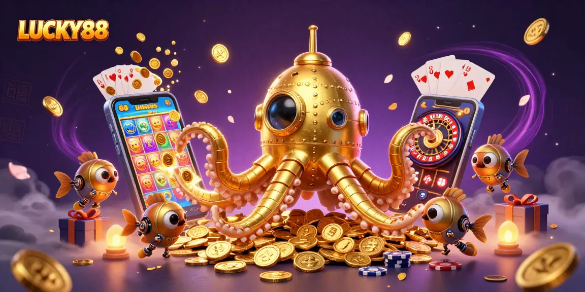 LUCKY88 kraken submarine emerging from golden coins, a thrilling slot game experience.