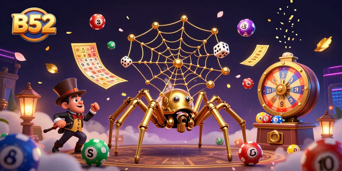B52 offers a lively casino experience, highlighted by a golden spider and a Victorian fly gentleman, surrounded by exciting gambling elements.
