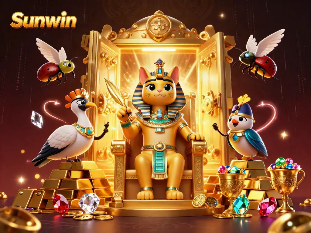 Play thrilling games at Sunwin amidst a vibrant casino scene with Pharaoh themed characters.