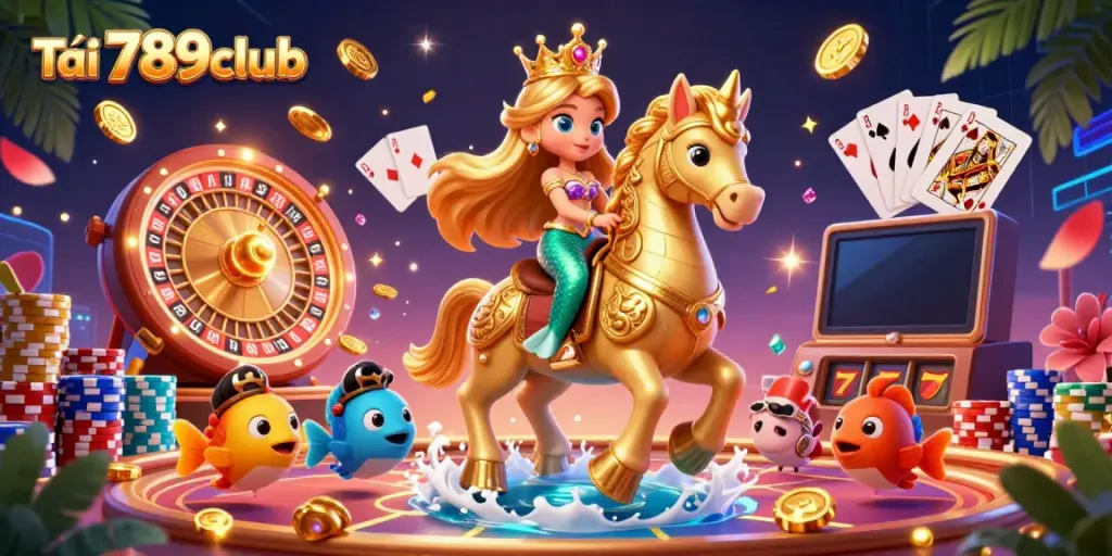 Engage with the exciting visuals of Tải 789club featuring a mermaid princess, seahorse, and casino elements in vibrant colors.