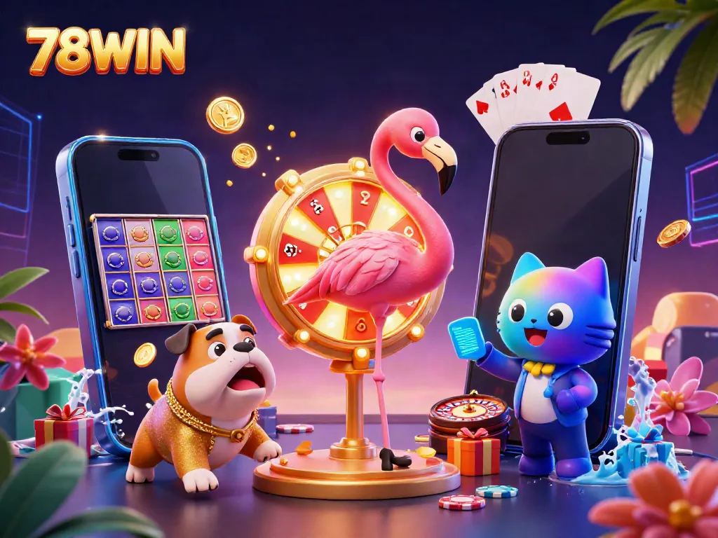 Engage in thrilling casino fun with 78WIN's vibrant 3D game scene featuring exciting characters, dynamic gaming elements, and rich visuals.