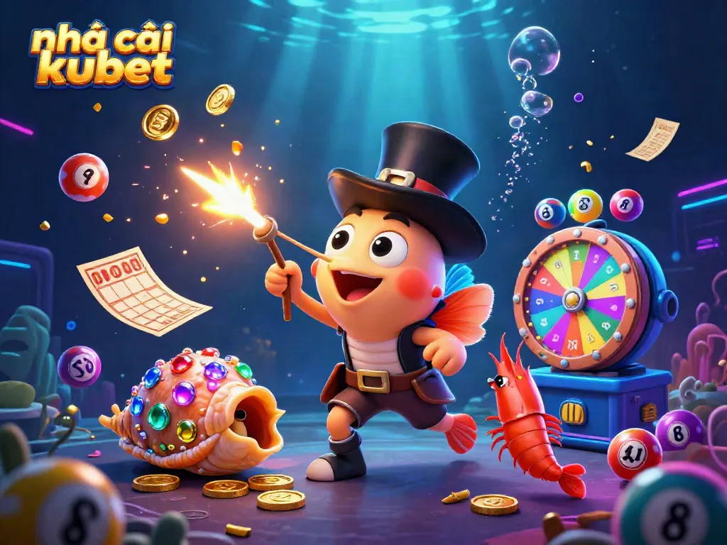 Engage with the nhà cái kubet experience through a vibrant underwater casino illustration.