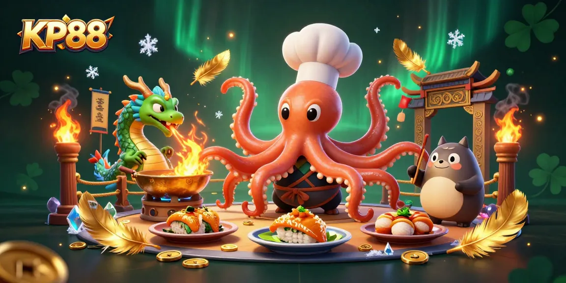 Engage in exciting gameplay at KP88 with an illustration of a sushi chef octopus and dragon in a vibrant casino setting.