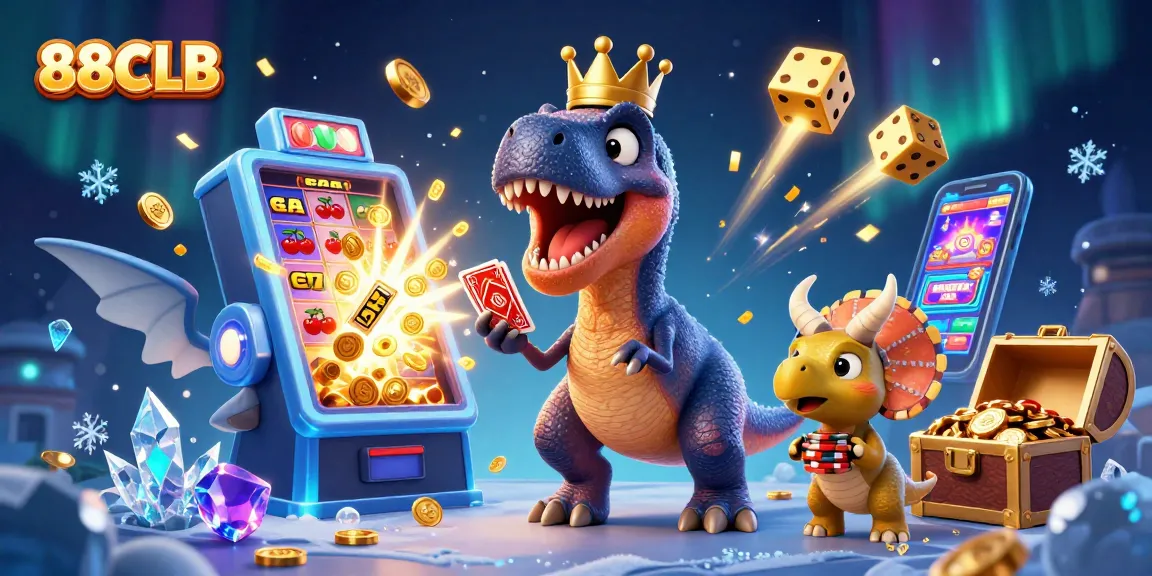 Experience thrilling wins at 88CLB with animated slot machine, cheerful dinosaurs, and jackpot excitement!