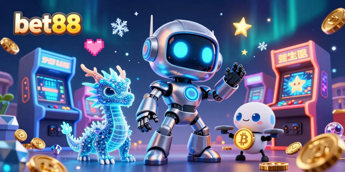 Experience the thrill of bet88 gaming with a dynamic 3D scene featuring a cyberpunk robot and crypto elements.