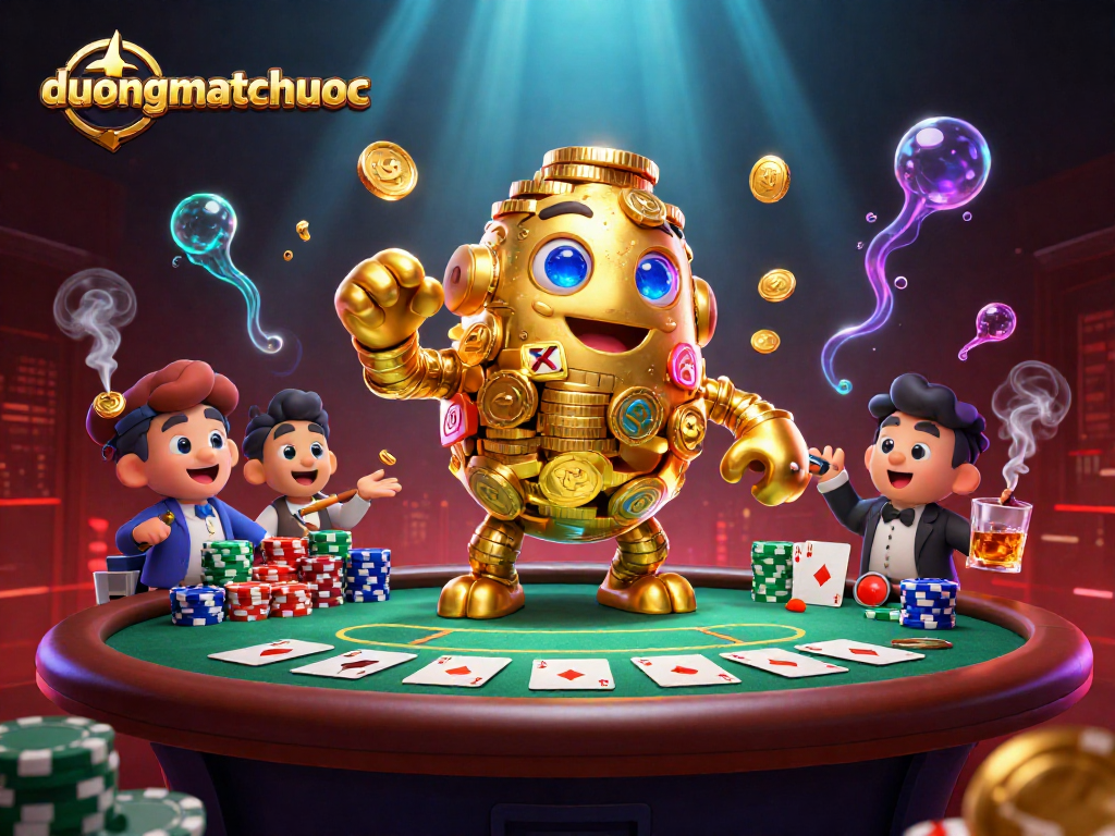 Engage with duongmatchuoc, the golden golem surrounded by vibrant casino elements and poker atmosphere.