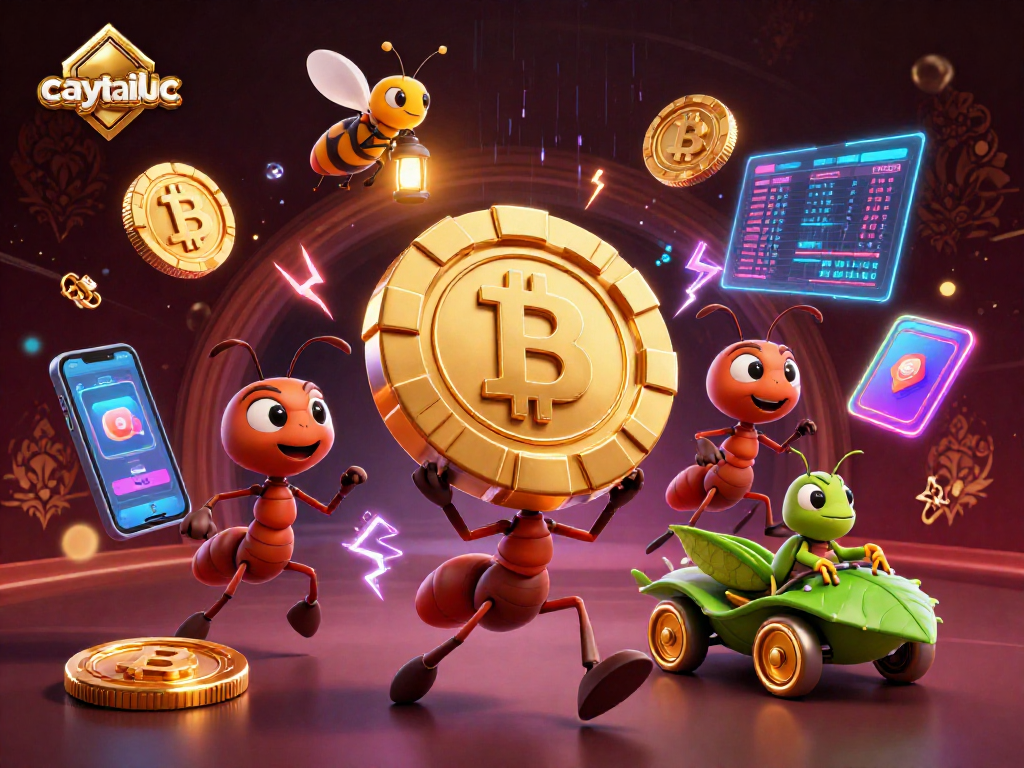 Experience the excitement of caytailoc as animated ants carry a giant poker chip, surrounded by vibrant gaming elements.