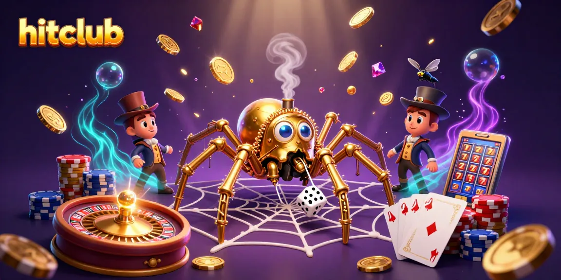 Experience the thrill of hitclub with golden coins, vibrant poker chips, and a steampunk spider in this dynamic casino illustration.