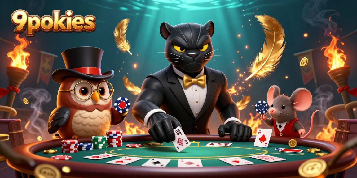 Engage in the thrill of 9pokies as the panther deftly deals cards surrounded by rich casino elements